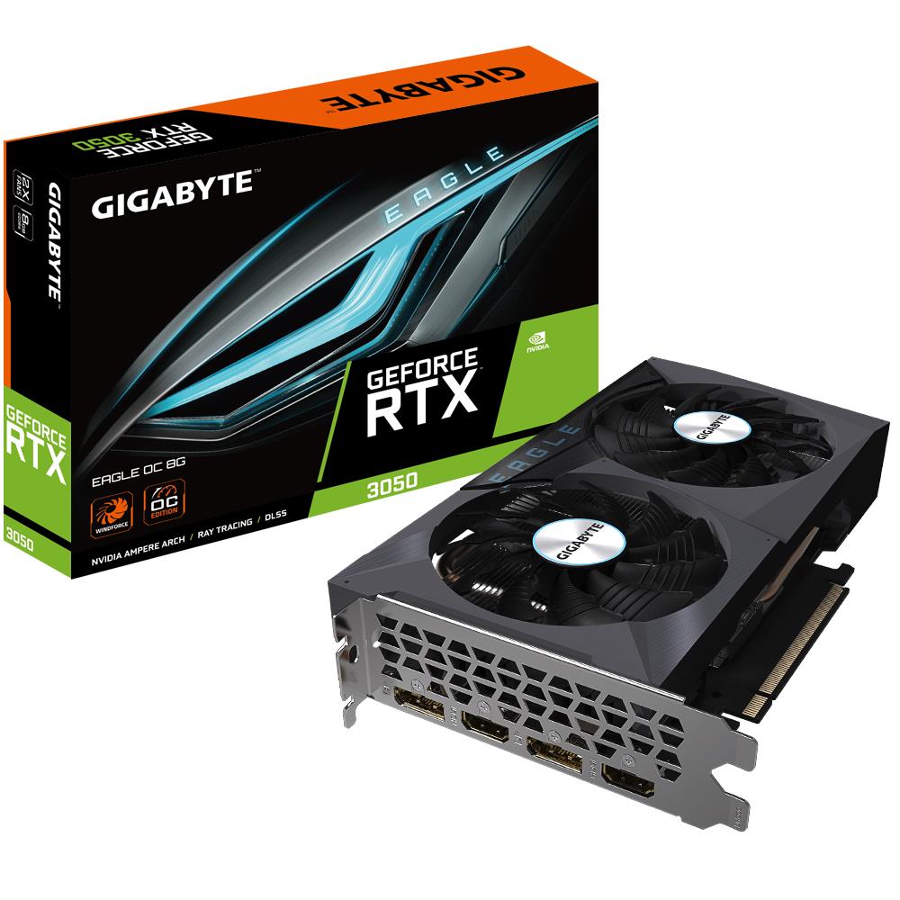 Graphics Card|GIGABYTE|NVIDIA GeForce RTX 3050|8 GB|128 bit|PCIE 4.0 16x|GDDR6|Memory 14000 MHz|GPU 1792 MHz|2xHDMI|2xDisplayPort|GV-N3050EAGLEOC-8GD