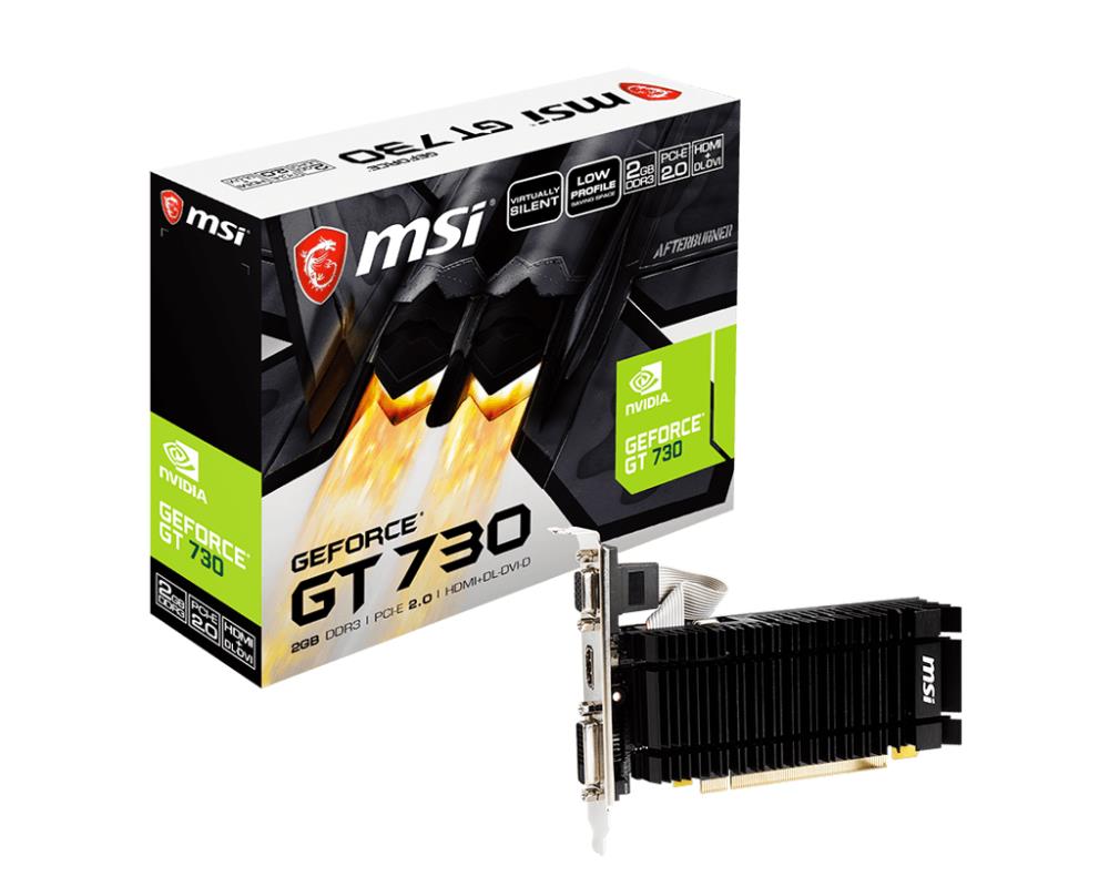 Graphics Card|MSI|NVIDIA GeForce GT 730|2 GB|DDR3|64 bit|PCIE 2.0 16x|Memory 1600 MHz|1x15pin D-sub|1xDVI-D|1xHDMI|N730K-2GD3H/LPV1