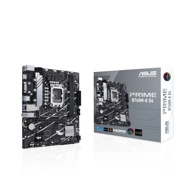 Mainboard|ASUS|Intel B760 Express|LGA1700|Micro-ATX|Memory DDR4|Memory slots 2|2xPCI-Express 4.0 1x|1xPCI-Express 4.0 16x|2xM.2|1x15pin D-sub|1xHDMI|2xUSB 2.0|4xUSB 3.2|1xPS/2|1xRJ45|3xAudio port|PRIMEB760M-KD4